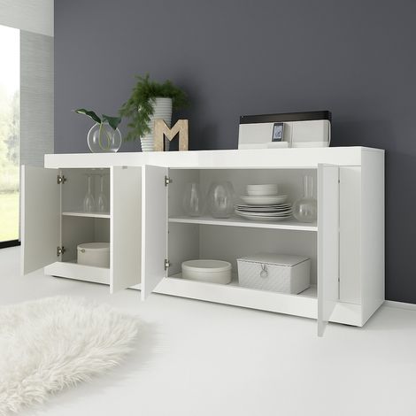 Aparador Poli, Credenza con 2 Estantes, 4 Espacios, 4 Puertas, 207x43x86h cm Blanco Brillante (1/4)