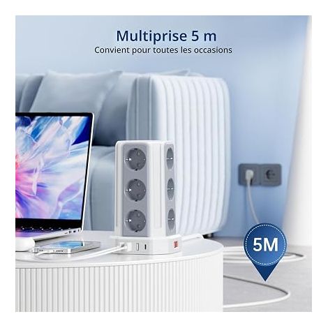 Multiprise avec Interrupteur, Tour Multiprise 12 Prises et 4 USB (1/3)