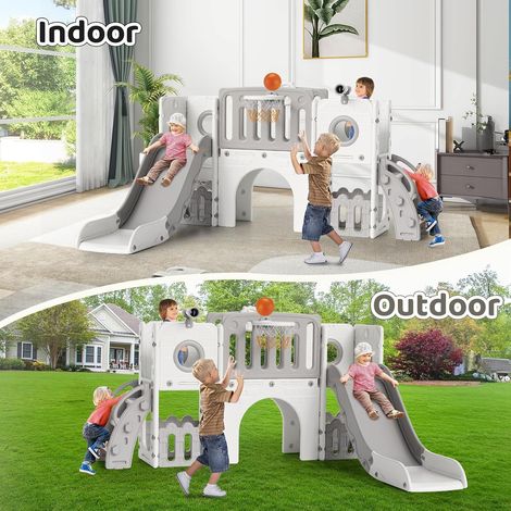 9 in 1 Kinderrutsche, Indoor & Outdoor Rutsche  mit Basketballkorb und Teleskop, Tunnel, Stauraum, Gartenrutsche,Kinder Spielplatz, mit 4PCS Moduls, Grau Weiß (1/5)
