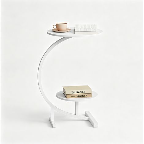 WOLTU Table Basse Ronde avec 2 Plateaux Ronds (Ø40+Ø30cm) xH66 cm, Table d'Appoint en Forme C, Blanc (1/5)