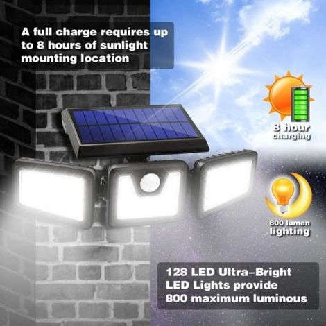 Lampe Solaire Applique Murale 128 LED Detecteur Mouvement Étanche Éclairage Extérieure Jardin 3 Têtes (1/4)