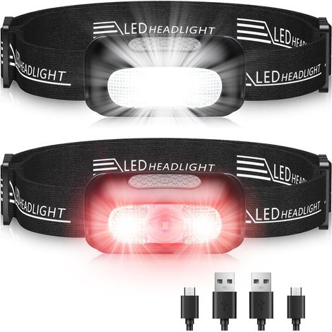 Lampada frontale, [2 pezzi] Lampada frontale a LED ricaricabile ultra potente con 5 modalità, luce bianca e rossa e IPX4 impermeabile, lampada frontale regolabile a 60° per adulti/bambini (1/5)