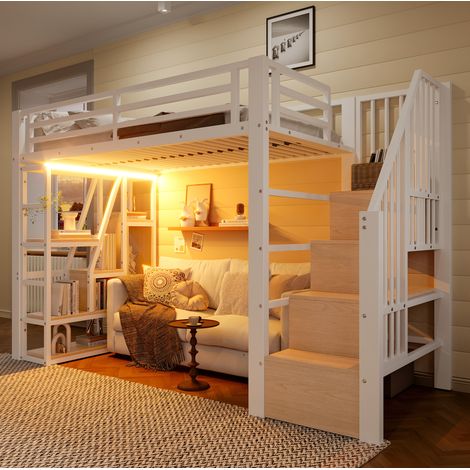 Letto a soppalco 90 x 200 cm in metallo e MDF, con ripiani, LED e scala, bianco (1/5)