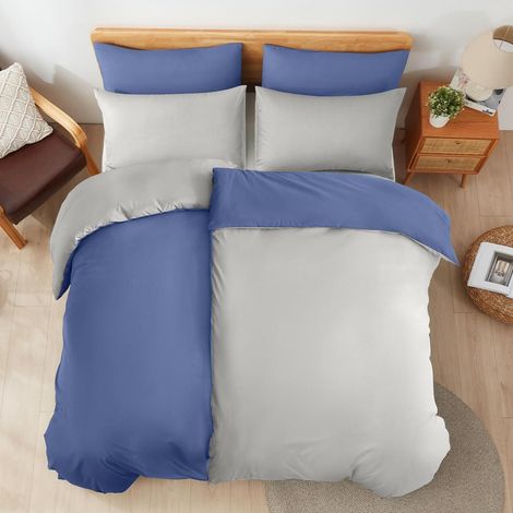 Bettwäsche-Set 220x240cm 100% Baumwolle atmungsaktiv, 2x Kissenbezug 80x80cm, Blau/Hellgrau