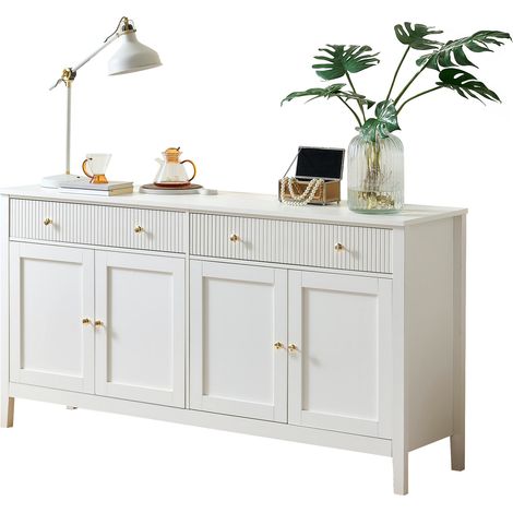 Buffet 160 x 40 x 82 cm - Blanc - 2 tiroirs - 4 portes - Poignées dorées - Étagères réglables (1/5)