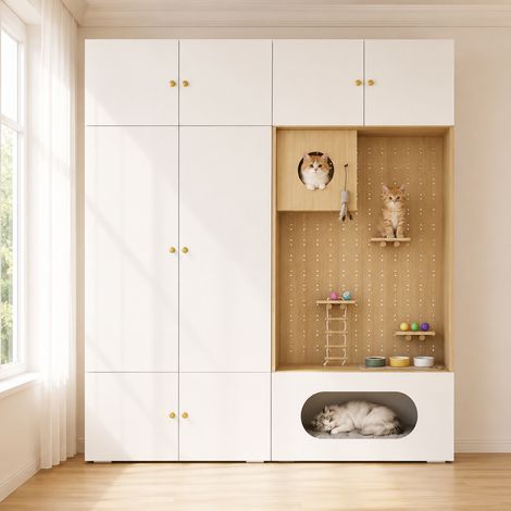 Kleiderschrank, Garderoben-Set Garderobe, Haustierschrank, 180 x 50 x 200 cm, mit 1 Kleiderstange, Katzenkletterwand und Haustierkissen, für Schlafzimmer, Wohnzimmer und Flur, Weiß+Holzoptik (1/5)