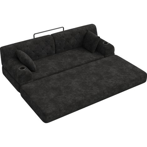 Sofá cama de 3 plazas de terciopelo acanalado negro con respaldo alto, 2 portavasos y 4 bolsillos (1/5)