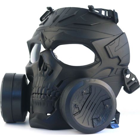 Masque à gaz factice Tactique Complet Masque crâne CS avec Double Ventilateur Turbo pour Cosplay Halloween wargame Mascarade,Verres transparents (1/5)