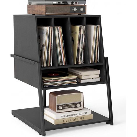 Meuble pour platine vinyle noir en bois avec large plateau, 4 séparateurs et station de charge, pour salon, bureau et chambre