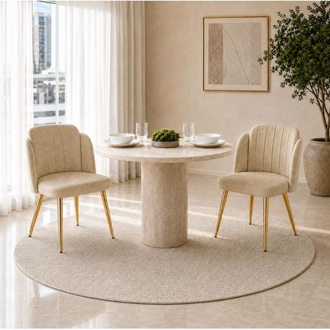 Set de 2 sillas de comedor tapizadas, respaldo curvado, patas ajustables, metal dorado, marrón (1/5)