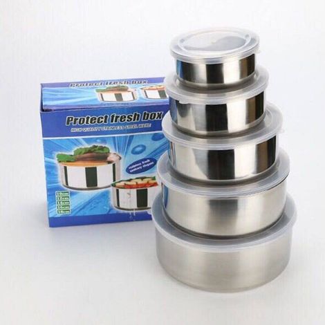 TRADE SHOP - Set 5x Contenitore Acciaio Inox Con Coperchi Cucina Casa Cibo Conservazione - (1/5)