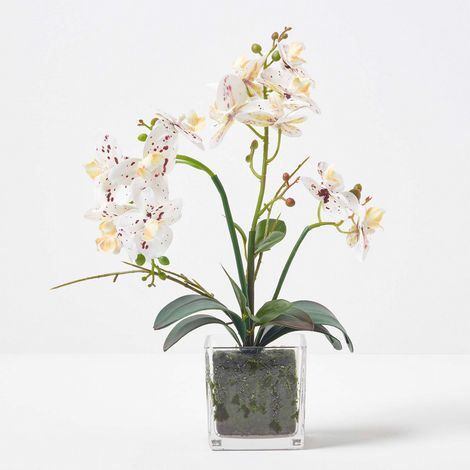 HOMESCAPES Orchidée artificielle blanche en pot en verre 42 cm