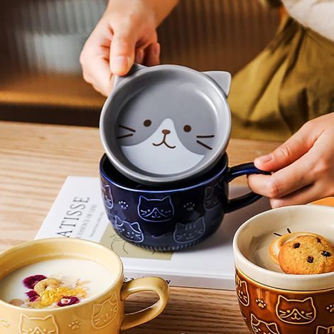 Mug japonais kawaii en céramique de 300 ml avec couvercle, motif tête de chat, idéal pour le déjeuner en couple, le lait ou l'eau. (1/5)