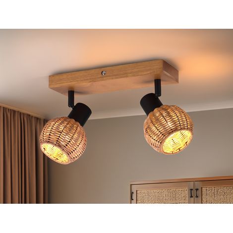 Deckenstrahler TAVAR 2-flammig Holz mit Rattan Schirmen, Breite 30cm (1/5)