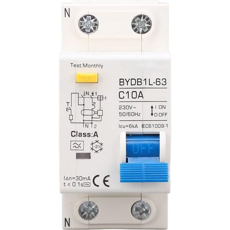 Disjoncteur Différentiel 10A 30mA Courbe C, 1P+N Type A, pour Montage sur Rail DIN, Tableau Électrique, Protection Domestique (230V) (1/5)