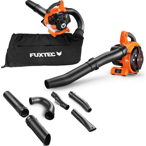 Aspirateur à feuilles thermique FUXTEC 4 en 1 FX-LBS126, souffleur et broyeur de feuilles 2 temps, avec 2 tubes de soufflage et un sac de ramassage de 45 l – Testé et approuvé – Vitesse de soufflage :