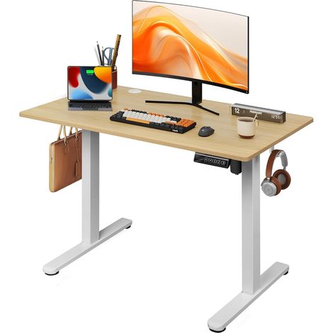 Bureau réglable en hauteur 100 x 60 cm, divisé en deux parties, avec moteur silencieux et fonction mémoire pour 3 hauteurs, bureau d'ordinateur ergonomique pour bureau, chêne (1/5)