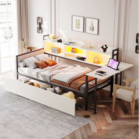 lit adulte rangement 90x200 metal blanc LED bureau OKMYHOME (1/5)