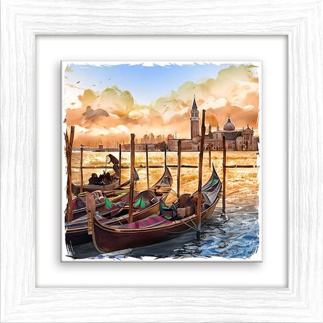 Lupia - Quadro moderno con paesaggi e localismi italiani, Ceramica e Stampa Rilievo, Cornice Legno Shabby Modern bianca, Decorazione Parete Quadretti Soggiorno 29x29 cm VENEZIA GONDOLE ISOLA S.GIORGIO (1/4)