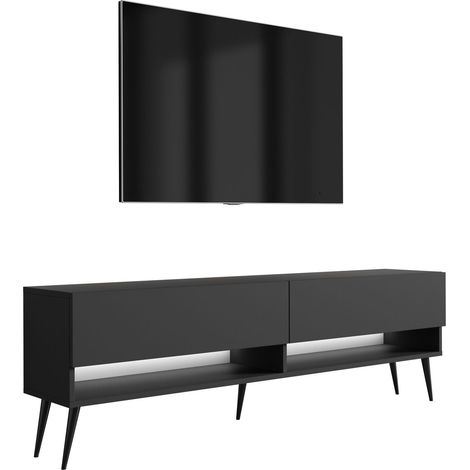 Meuble TV : Noir Mat, pieds obliques noirs, LED blanche, 170 × 32 × 52 cm (1/5)