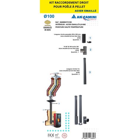 AN CAMINI Kit de raccordement droit pour poêle à pellets - acier émaillé noir 0,8 mm Ø100 - avec longueurs droites ajustables et té 90°