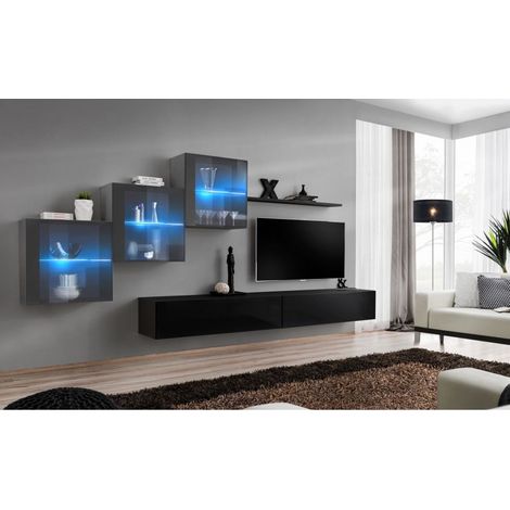 Ensemble mural - Switch XX - 3 vitrines - 2 bancs TV - 1 étagère - Noir et graphite - Modèle 1 - Livraison gratuite