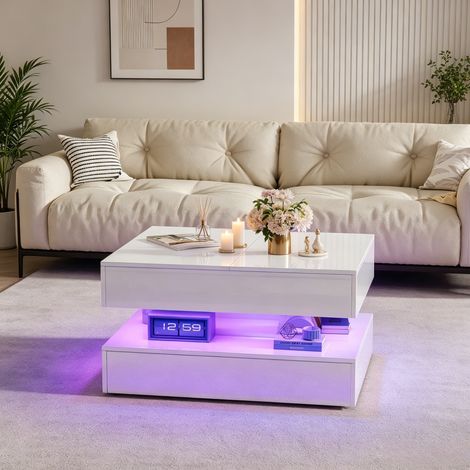 JOOKGBD-Table Basse 78x78x43cm Extensible,Table d'appoint avec Rangement Et LED, 2 Tiroirs,Table Basses Salon Rectangulaire Moderne,Table D'appoint pour Salon Bureau,luxe abordable,Blanc
