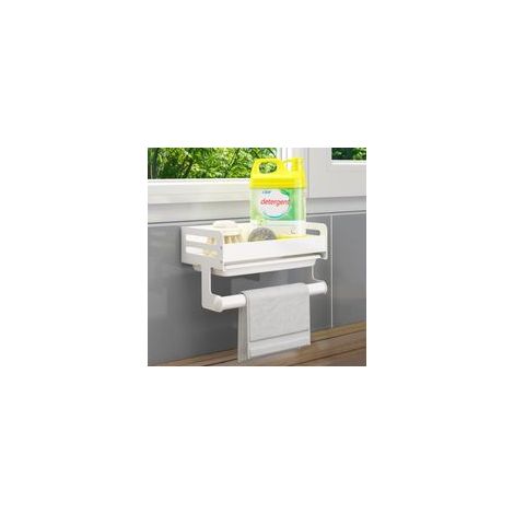 Porta spugna per lavello da cucina, organizer per lavello con vassoio raccogligocce e portasciugamani, porta spugna autoadesivo per lavello da cucina per spugna e spazzola per la pulizia (bianco) - Cr