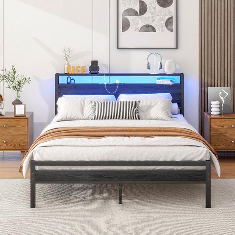Lit Double 140x200 cm avec Tête de Lit Rangement et Prises USB Cadre Métal et MDF P2 2 Places pour Chambre Adulte (1/5)