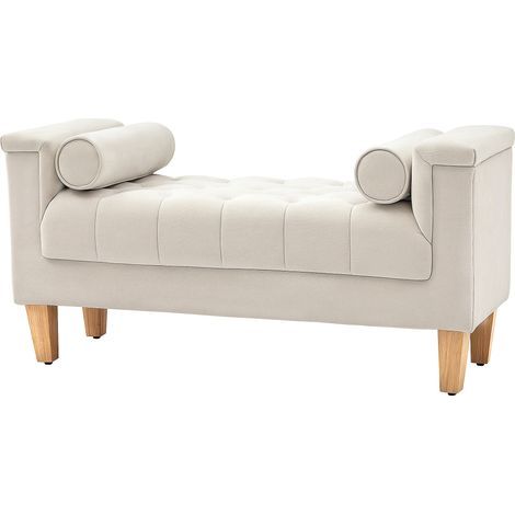 Banc capitonné, style vintage, 2 coussins, tissu chenille, 115 x 44 x 58 cm, beige. (1/5)