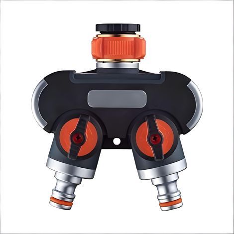 Dispositivo de riego con deflector de manguera bidireccional e interruptor de control para riego bidireccional o unidireccional simultáneo, color naranja/negro. (1/5)