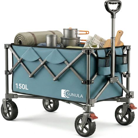 SUNULA Bollerwagen Faltbar Handwagen 120kg Tragkraft, 150L, mit Ein-Klick-Handgriff & geländegängigen Rädern, Blau