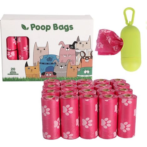 20 rouleaux de sacs à crottes biodégradables, roses avec distributeur, sacs à crottes de chien imperméables, sacs de ramassage de crottes, épais et durables (1/5)