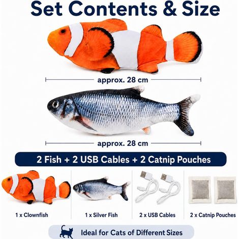 Jouet interactif pour chat - Poisson électrique réaliste avec mouvement automatique et herbe à chat - Set de 2 jouets USB rechargeables pour stimuler l'activité et réduire l'ennui (1/5)