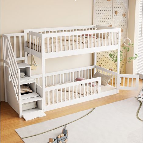 Letto a castello 90x200 cm in legno bianco con scala a cassetti, senza materasso – MEUBLIV (1/5)