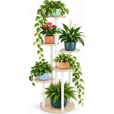 Relaxdays 5-Tier Round Indoor Plant Stand, HWD: 118.5 x 58 x 58 cm, natural/white (1/5)