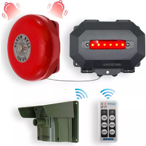 Ultra Secure – Détecteur de passage sans fil 800m – Alimentation par 4 piles AA – Récepteur avec bandeau LEDs et cloche 100dB – Résistant intempéries IP56 (1/5)