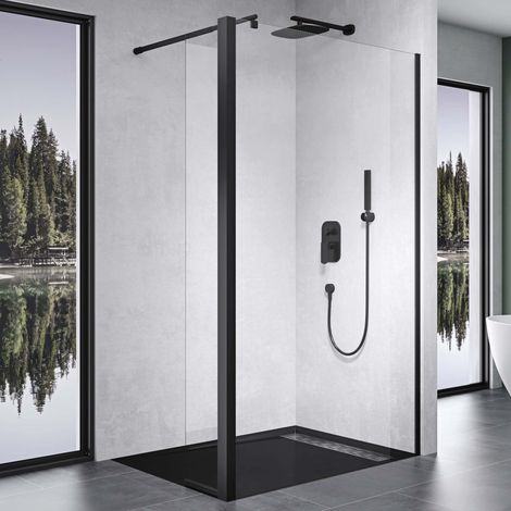 Mai & Mai Walk-In Duschwand für Dusche Duschabtrennung 130x200cm 8mm Klarglas mit 30cm Nebenteil ESG-Sicherheitsglas mit Nanobeschichtung Runder Stabilisator Bremen01K-Plus Schwarz
