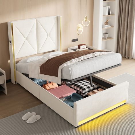 Letto imbottito 100x213x141 cm, contenitore idraulico con USB e Type C, LED e tasche laterali, velluto beige (1/5)