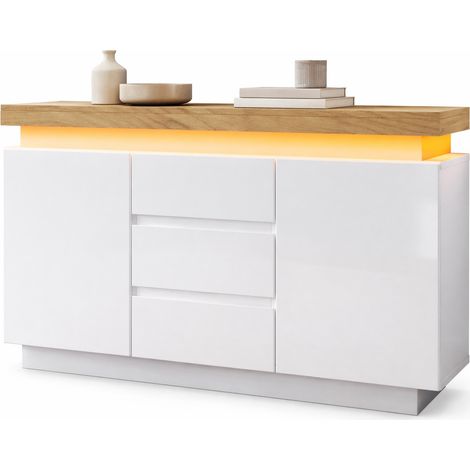 Commode haute brillance blanche avec 2 portes, 3 tiroirs, LED pilotable via application, meuble de rangement moderne pour salon et chambre, 140 x 39 x 81 cm- FLORAGRACE (1/5)