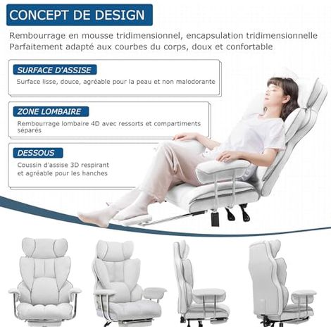 GTPLAYER Chaise Gaming, Fauteuil Gaming, Chaise de Bureau Ergonomique, Siège de Bureau Réglable, Hauteur d'assise réglable, avec Repose-Pieds Télescopique, Chaise pivotante, blanc (1/5)