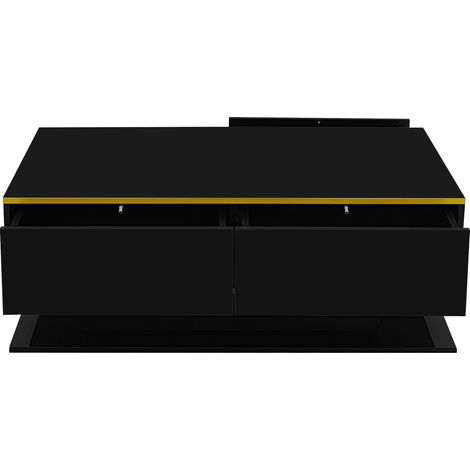 Tavolino da salotto LED nero lucido 100 cm con dettagli dorati, 3 cassetti e luce USB (1/5)