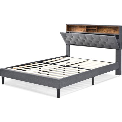 Letto matrimoniale imbottito 140x200 cm grigio con testiera contenitore LED - MODENUIT (1/5)