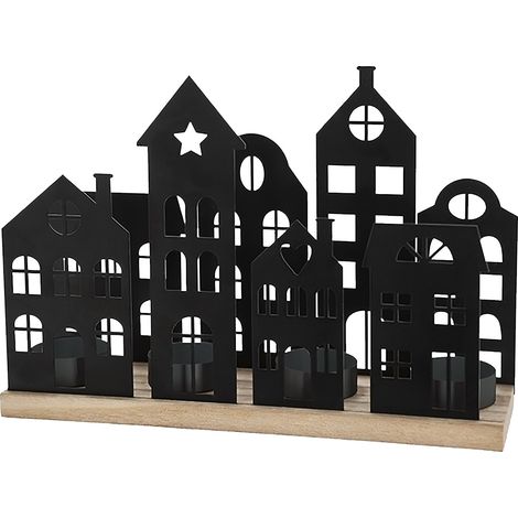 Metall Teelichthalter Häuserzeile schwarz - 25 x 18 cm - Weihnachtsdorf Silhouette mit Haltern für 4 Teelichter - Weihnachten Tisch Deko Kerzenhalter für Teelichter Weihnachtsstadt Skyline