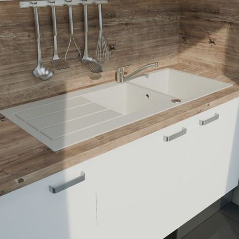 Évier STONIKA avec 2 bacs + égouttoir 118 cm - Blanc (1/2)