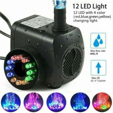 Pompa per fontana da 15 W con portata di 800 l/h e 12 LED integrati, ideale per laghetti e giardini.