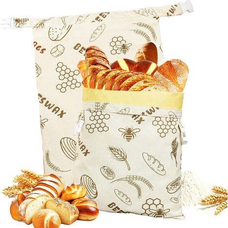 Set mit 2 Bienenwachs-Brotbeuteln für selbstgebackenes Brot, wiederverwendbare Aufbewahrung aus Bio-Baumwolle für Sauerteigbrot und Baguettes (1/5)