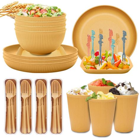 Service de table 48 pièces en paille de blé : tasses, assiettes, bols et couverts (cuillère, fourchette, baguettes). Compatible lave-vaisselle et micro-ondes. Idéal pour la maison et le camping. Jaune (1/4)