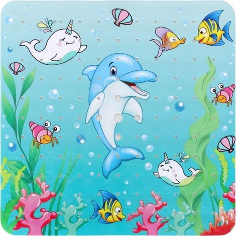 Tapis de douche antidérapant (dauphin), 53x53 cm, design lavable en machine, tapis de salle de bain antidérapant avec ventouse (1/4)