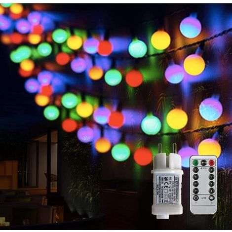Guirnalda de luces esféricas para exteriores con enchufe, 100 LED, 8 modos con control remoto para dormitorio, interiores, jardín, Navidad y bodas (multicolor) (1/5)